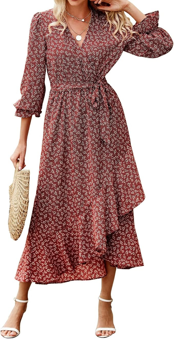 BTFBM Women's Long Sleeve Wrap Dress V Neck Boho Floral Print High Waisted Flowy Ruffle Hem Fall ... | Amazon (US)