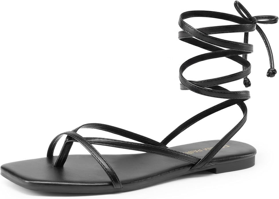 DREAM PAIRS Womens Strappy Flat Sandals - Comfortable Lace Up Gladiator Dressy Sandals, Square To... | Amazon (US)