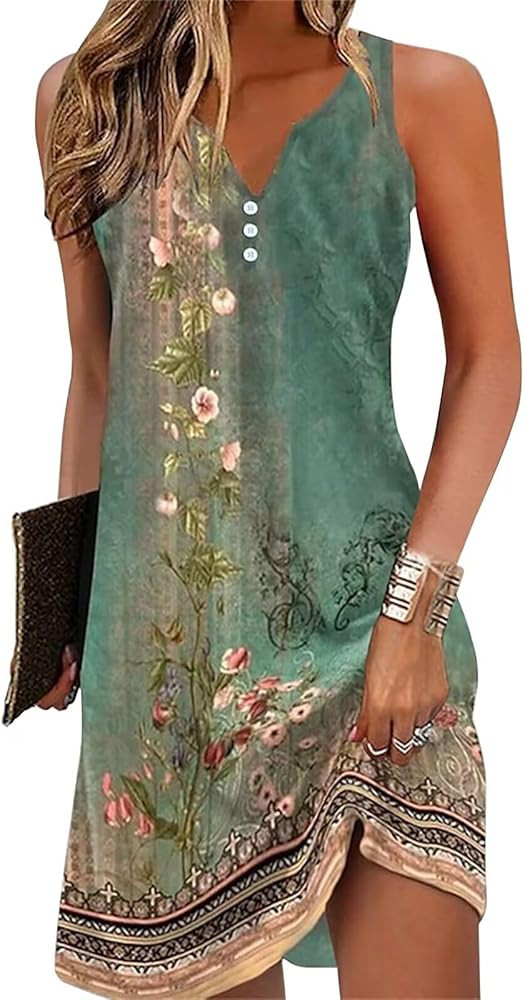 Womens Summer Dress 2024 Casual Button Down V Neck Sleeveless Fashion Boho Floral Beach Dress Sun... | Amazon (US)