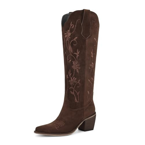 wetkiss Cowboy Boots for Women Knee High Cowgirl Boots with Pointed Toe Chunky Heel Retro Vintage Floral Embroidered Pull on Tall Western Boot (Dark Brown Size11) | Amazon (US)