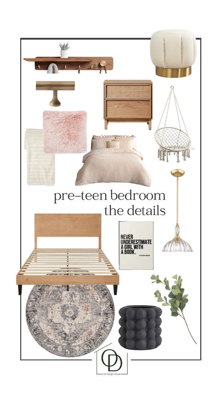 A pre-teen bedroom mood board with wood headboard with decal, wood and cane nightstand, glass and gold scalloped pendant light, black bauble small vase, faux eucalyptus stem, walnut wall shelf with hooks, hammock chair swing, inspirational wall poster, bookshelf, fuzzy white throw blanket, furry pink throw pillow, cream duvet cover, round grey and pink Turkish rug, ribbed brass drawer pulls 

#competition 

#LTKstyletip #LTKhome #LTKFind