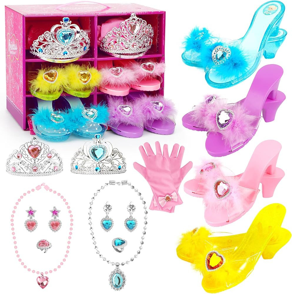 Princess Dress Up Shoes and Jewelry Boutique Little Girl Princess Play 4 Pairs of Play Shoes and ... | Amazon (US)