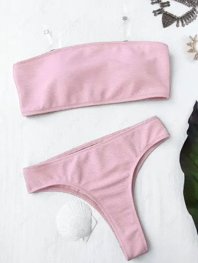 Rib Texture High Leg Bandeau Bikini Set | ZAFUL (Global)