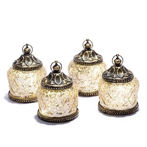 Mini Gold Mercury Glass Lanterns - Set of 4, Warm White LED Lights, 4" Height, Antique Bronze Acc... | Walmart (US)