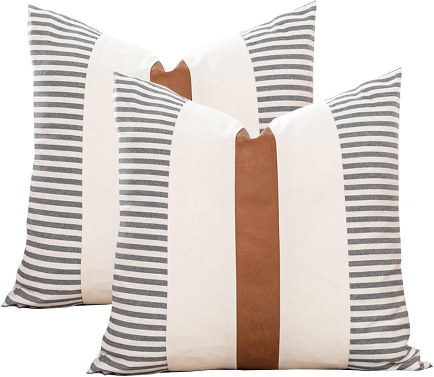 Farmhouse Stripe Throw Pillow Covers 20x20 Set of 2 Boho Accent Pillow Case, Faux Leather Modern ... | Amazon (US)