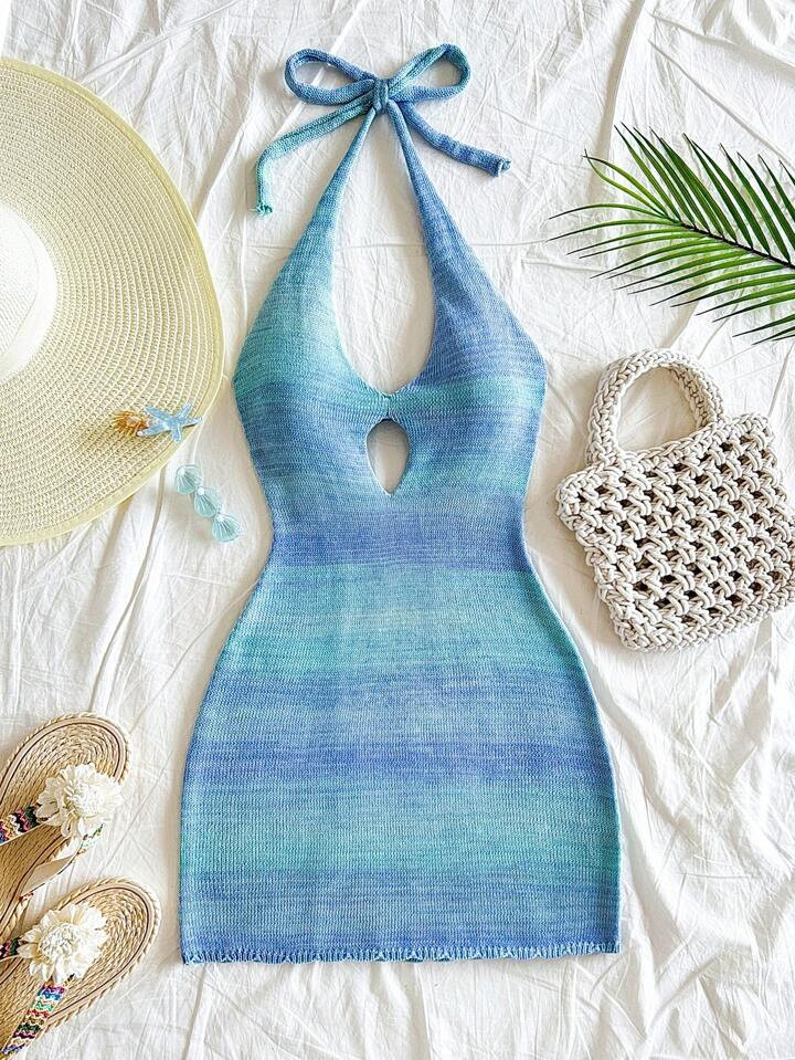 Soleia Vacation V-Neck Halter Backless Gradient Color Knitted Dress, Suitable For Holiday, Date, Afternoon Tea, Music Festival, Bohemian Style | SHEIN