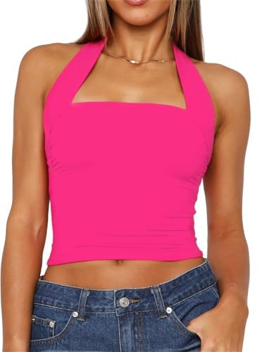 TiulZial Women Sexy Halter Neck Backless Tank Top Open Back Sleeveless Slim Fit Y2k Summer Tops(Hot Pink,M) | Amazon (US)