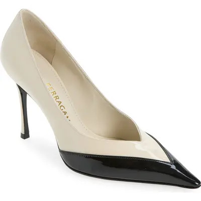 FERRAGAMO Yasmin Two-Tone Pointed Toe Pump in Mascarpone Nero at Nordstrom, Size 6 | Nordstrom
