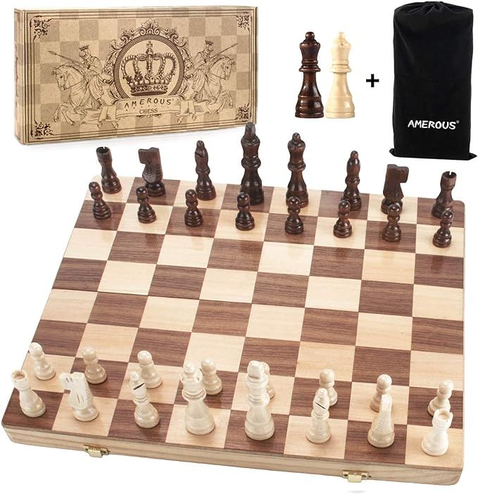 Amerous 15" x 15" Magnetic Wooden Chess Set, Folding Travel Chess Board with 2 Extra Queens / Pie... | Amazon (US)