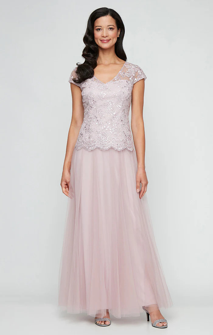 Long Embroidered Mock Dress with V-Neckline, Cap Sleeves and Full Tulle Skirt | Alex Evenings