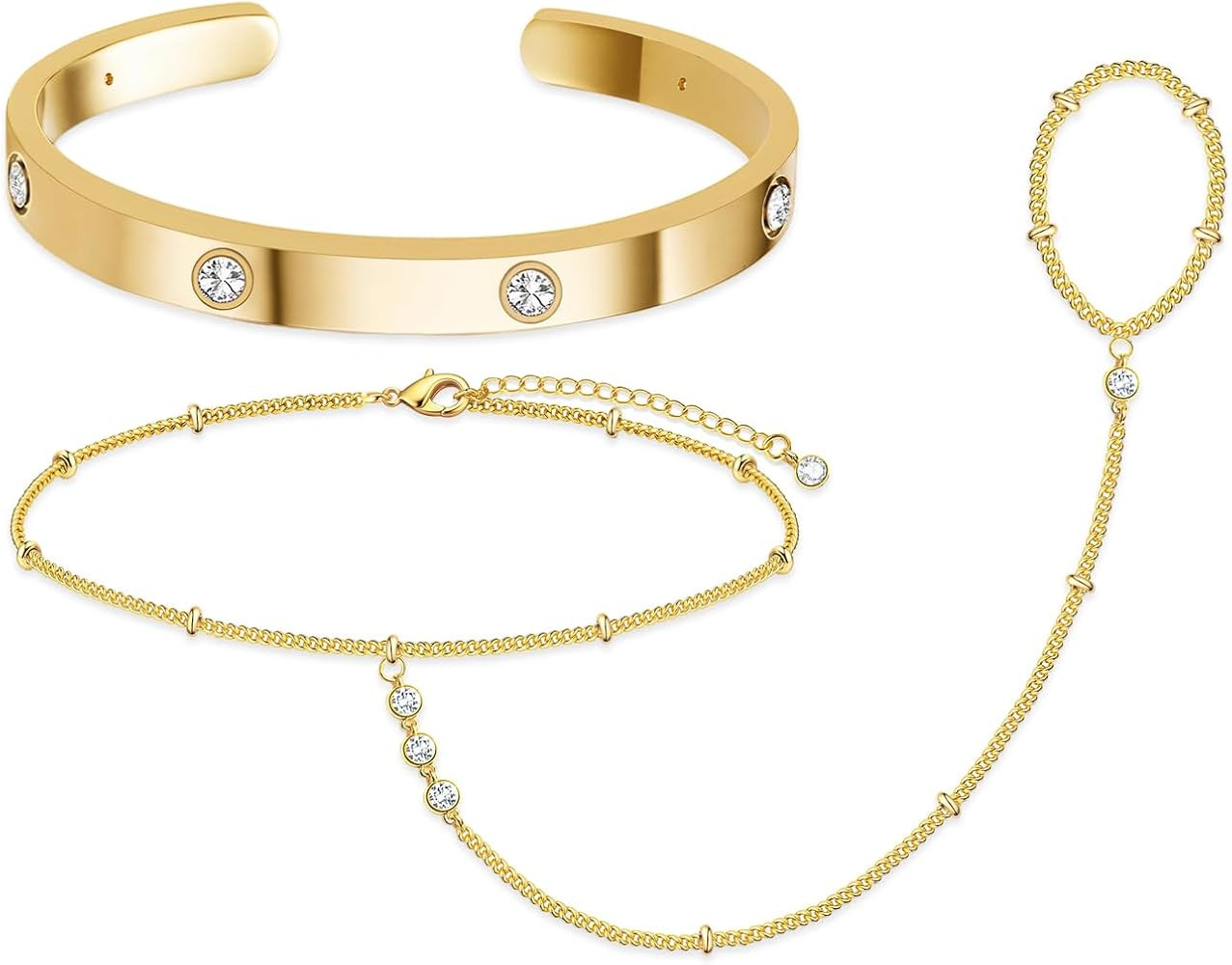 My Queen Gold Bracelets for Women 14K Gold Plated Dainty Stackable Hand Chain Bracelet Trendy Rin... | Amazon (US)