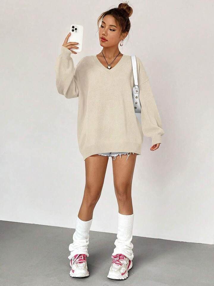 SHEIN Qutie Solid V Neck Drop Shoulder Sweater | SHEIN