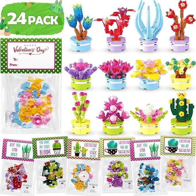 Partylamb Valentines Day Gifts for Kids - 24 Packs Succulents Building Blocks with Kids Valentine... | Amazon (US)
