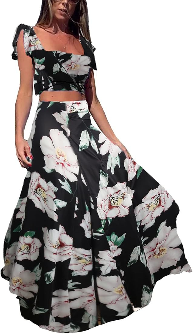 Vakkest Womens Summer Sexy 2 Pieces Outfits Ruffle Floral Tank Top Wrap Boho Tropical Long Skirt ... | Amazon (US)