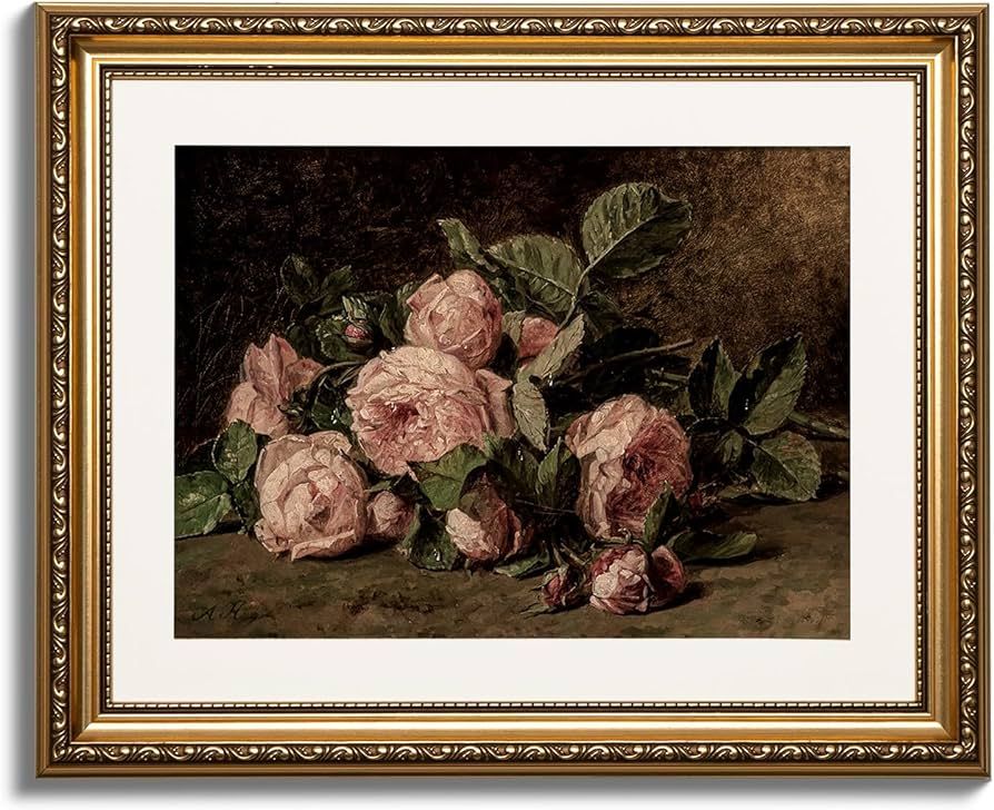 ARPEOTCY Still life Gold Framed Wall Art, Retro Pink Roses Canvas Prints Artwork with Antique Fra... | Amazon (US)