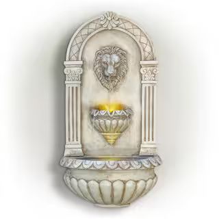 32 in. Tall Outdoor Classical Wall-Mounted Water Fountain with Lion Head and LED Lights | The Home Depot