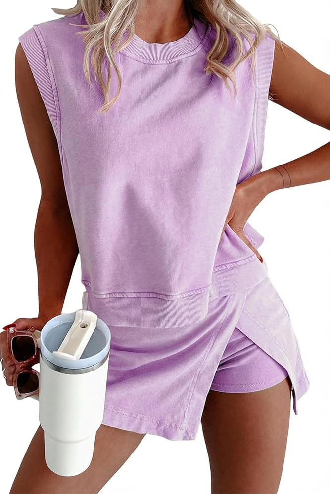 Opemiby Summer Sets Women 2 Piece Outfits Sleeveless Tank and Elastic Waist Skort Travel Vacation... | Amazon (US)
