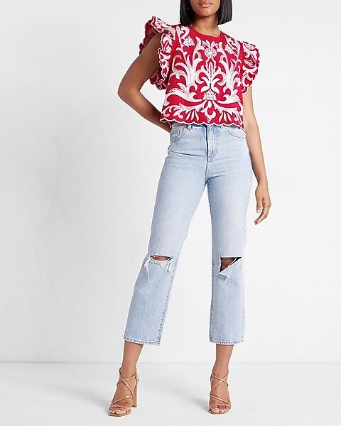 Embroidered Ruffle Sleeve Top | Express