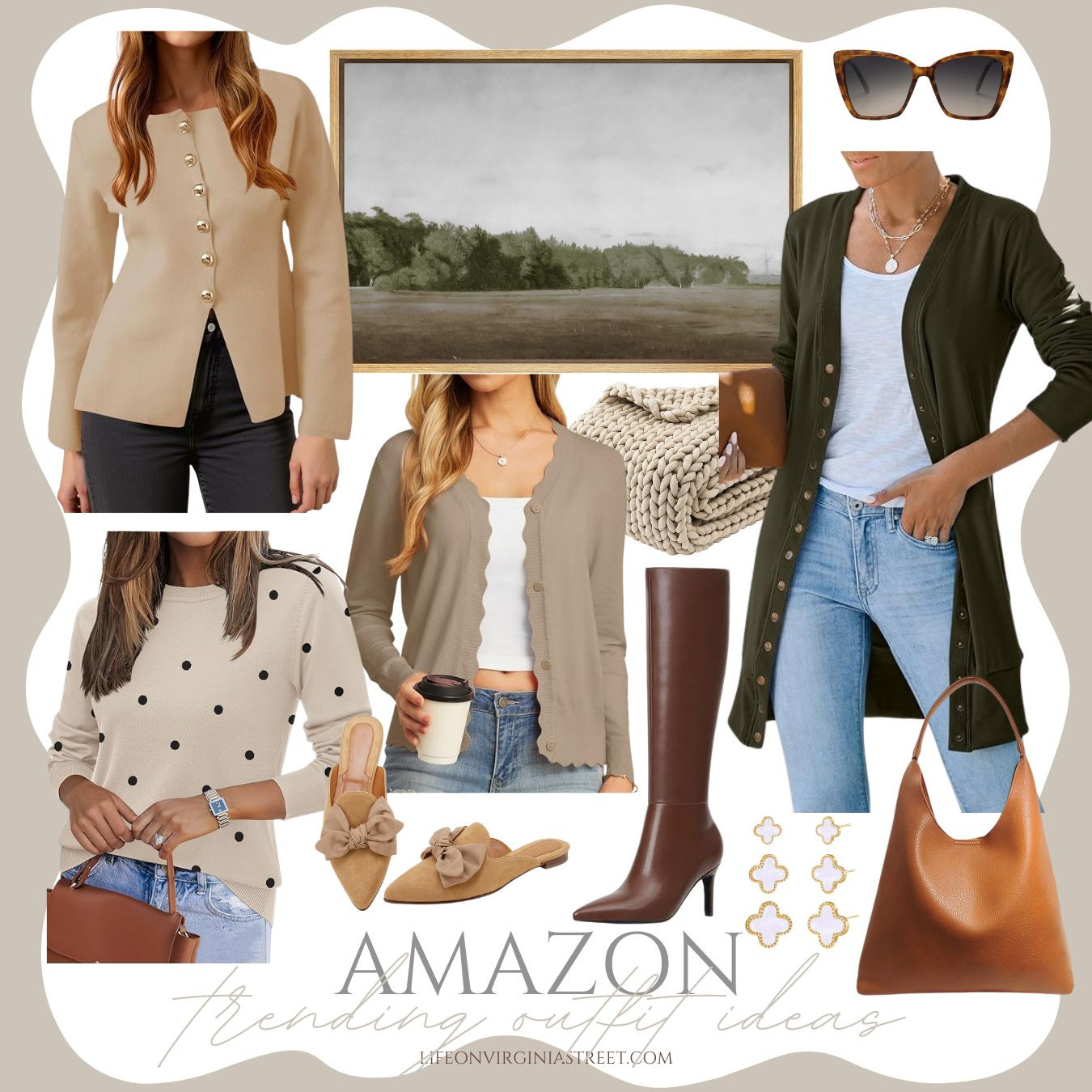 The chic and trending outfit ideas are perfect transitional outfit ideas as we head into fall! These Amazon finds include a dressy cardigan sweater, polka dot sweater, scalloped cardigan, landsape art, a long cardigan, clover earrings, slouchy purse, bowl mules and more! #ltkhome #ltkseasonal #ltkfindsunder50 #ltkfindsunder100 #ltkstyletip #ltksalealert #ltkover40 #ltkmidsize #ltkshoecrush #ltkitbag #ltkworkwear 

 

#LTKSeasonal #LTKHome #LTKSaleAlert