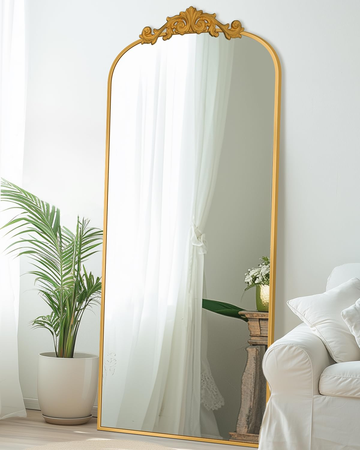 Arched Full Length Mirror, 64"x21" Floor Mirror Freestanding with Carved Metal Frame & Bottom Art... | Amazon (US)