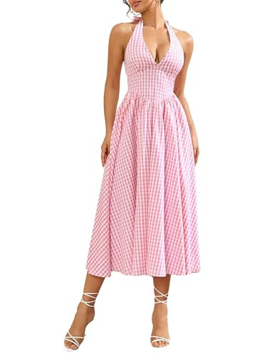 Parthea Women's Gingham Halter V Neck Midi Dress Corset Smocked Sundress Flowy A Line Wedding Gue... | Amazon (US)