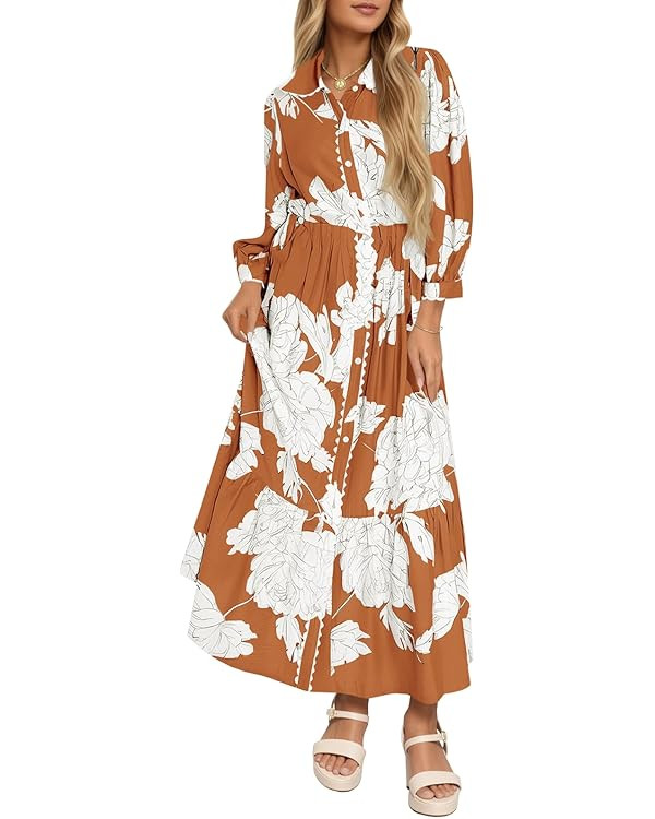Wenrine Womens Maxi Shirt Dress Casual Floral Collared 3/4 Long Sleeve Drawstring Waist Fall Butt... | Amazon (US)