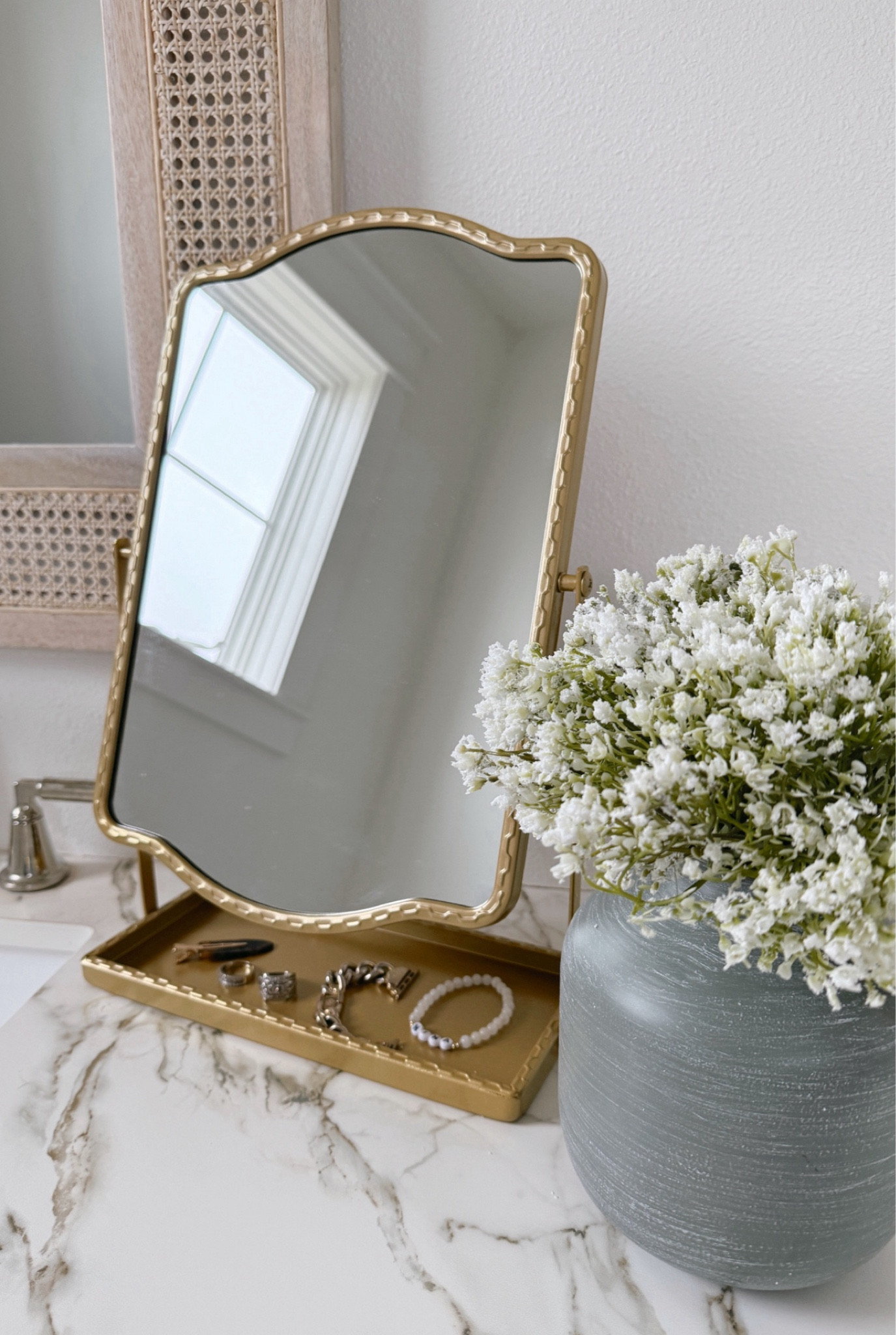 Walmart home decor - baby’s breath faux stems - vase - gold table mirror for bathroom vanity @walmart #walmarthome

#LTKhome #LTKfindsunder50 #LTKSeasonal