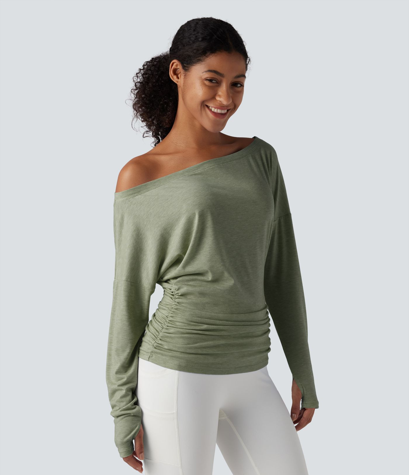 Women’s One Shoulder Long Sleeve Thumb Hole Ruched Yoga Sports Top - Halara | HALARA