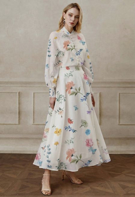 Vibrant Garden Organza Buttoned Top and Maxi Skirt Set in White for Garden Parties & Romantic Occ... | Chicwish