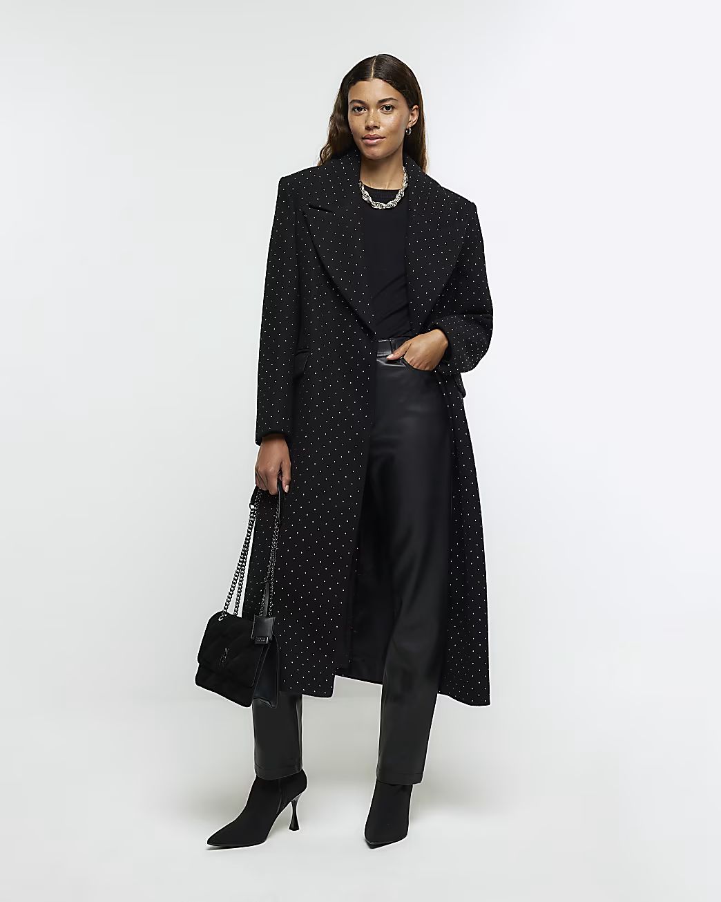Black Embellished Longline Coat | River Island (UK & IE)