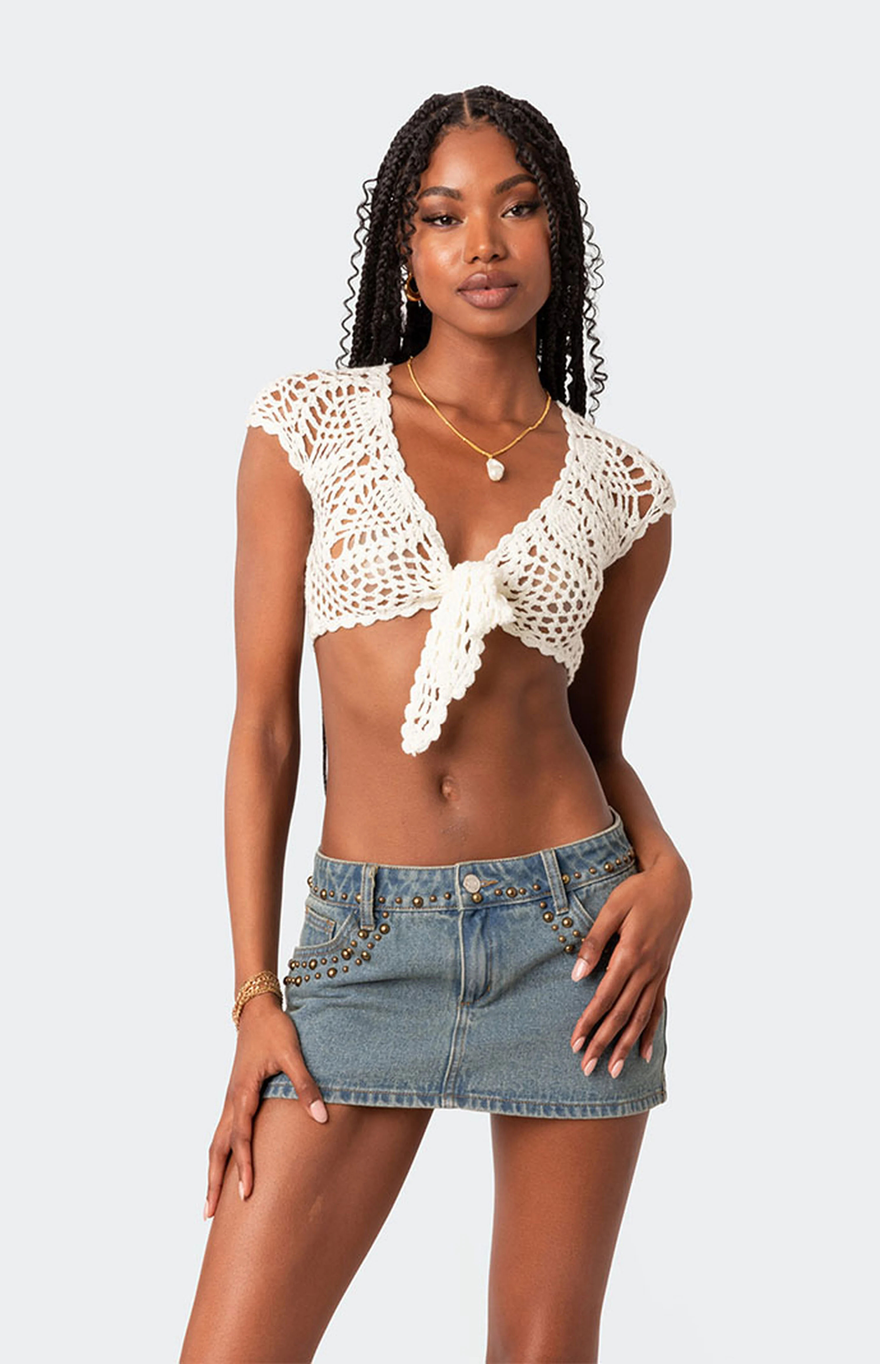 Edikted Rocco Tie Front Crochet Top | PacSun