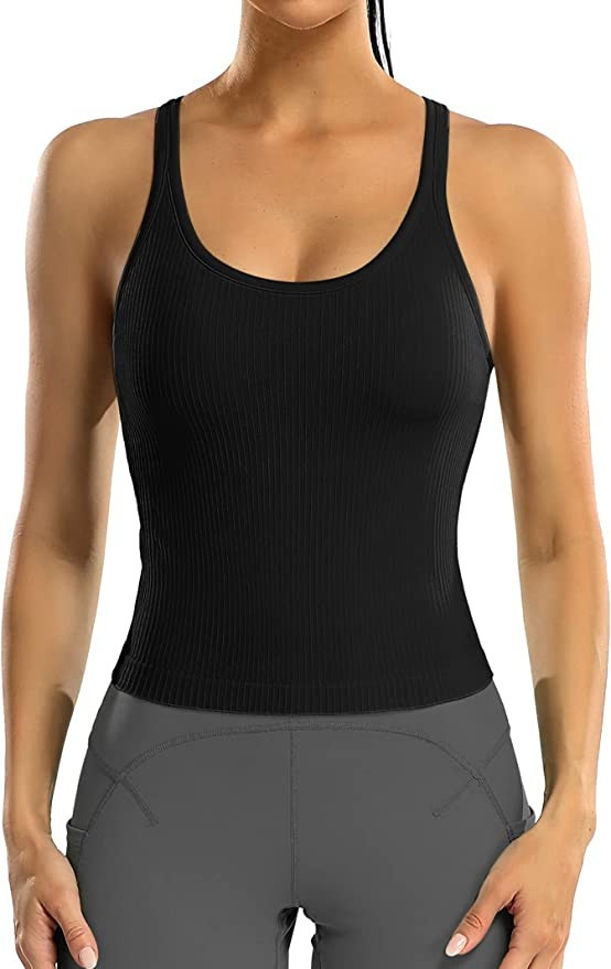 ATTRACO Women Ribbed Workout Crop Tops with Built in Bra Yoga Racerback Tank Top Tight Fit | Amazon (US)