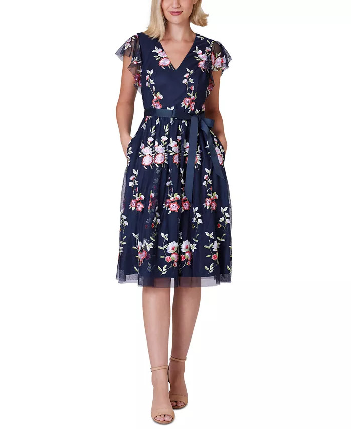 Jessica Howard Petite Flora-Print Flutter-Sleeve Midi Dress - Macy's | Macy's