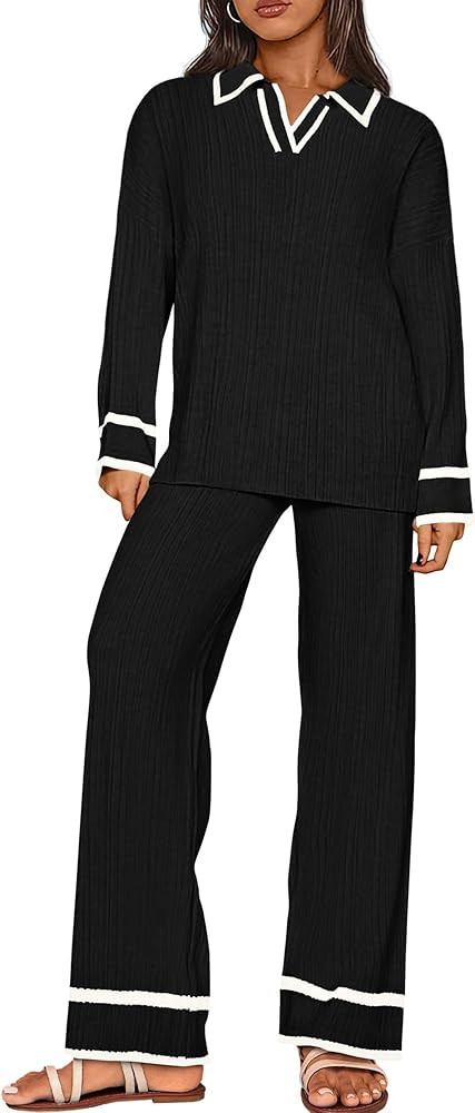 BTFBM Womens 2 Piece Outfits Fall Winter 2024 Long Sleeve V Neck Sweater and Wide Leg Pants Loung... | Amazon (US)