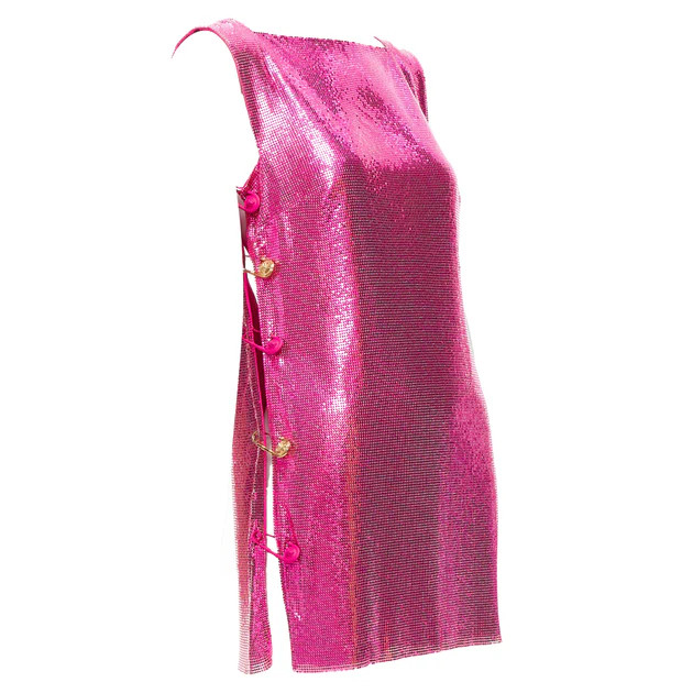 Versace Pink Metal Chainmail Medusa Safety Pin Dress | Shop Simon