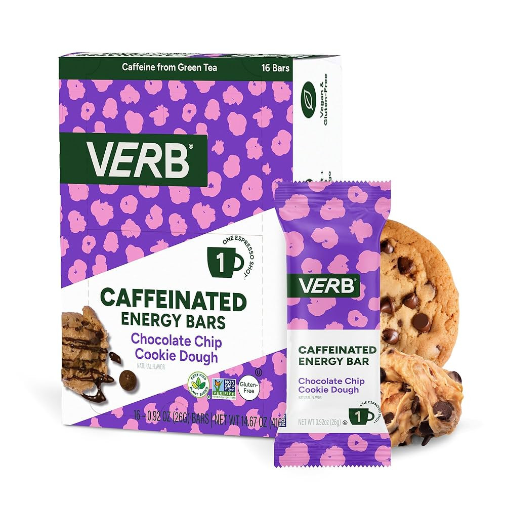 Verb Caffeinated Energy Bars Chocolate Chip Cookie Dough (26g, Pack of 16) 110-Calorie Delicious ... | Amazon (US)