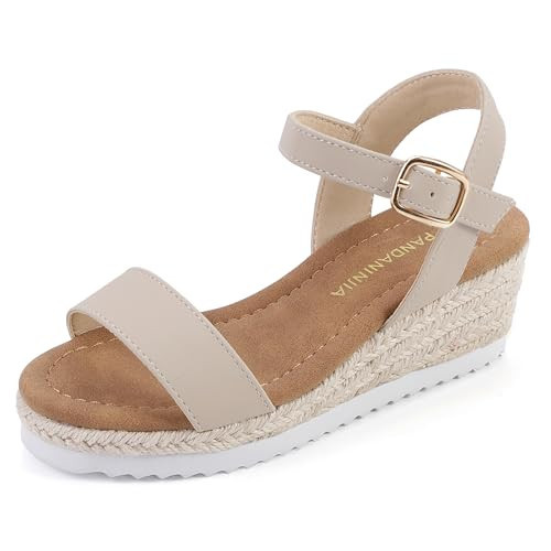 PANDANINJIA Girls Wedge Sandals Platform Espadrille Little Big Kid Girls Heels Open Toe Summer Dress Shoe Size 1 Nude Nubuck | Amazon (US)