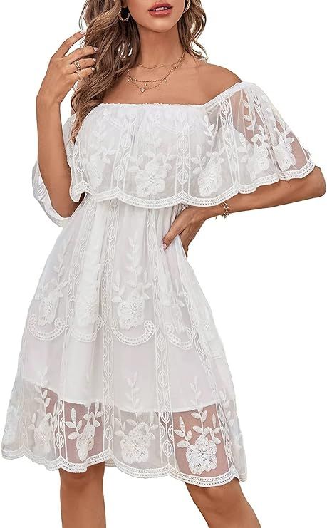HOYISHION Womens V-Neck Lace Mini Dress Short Sleeve Floral Embroidered Dress Lace Dress for Wome... | Amazon (US)