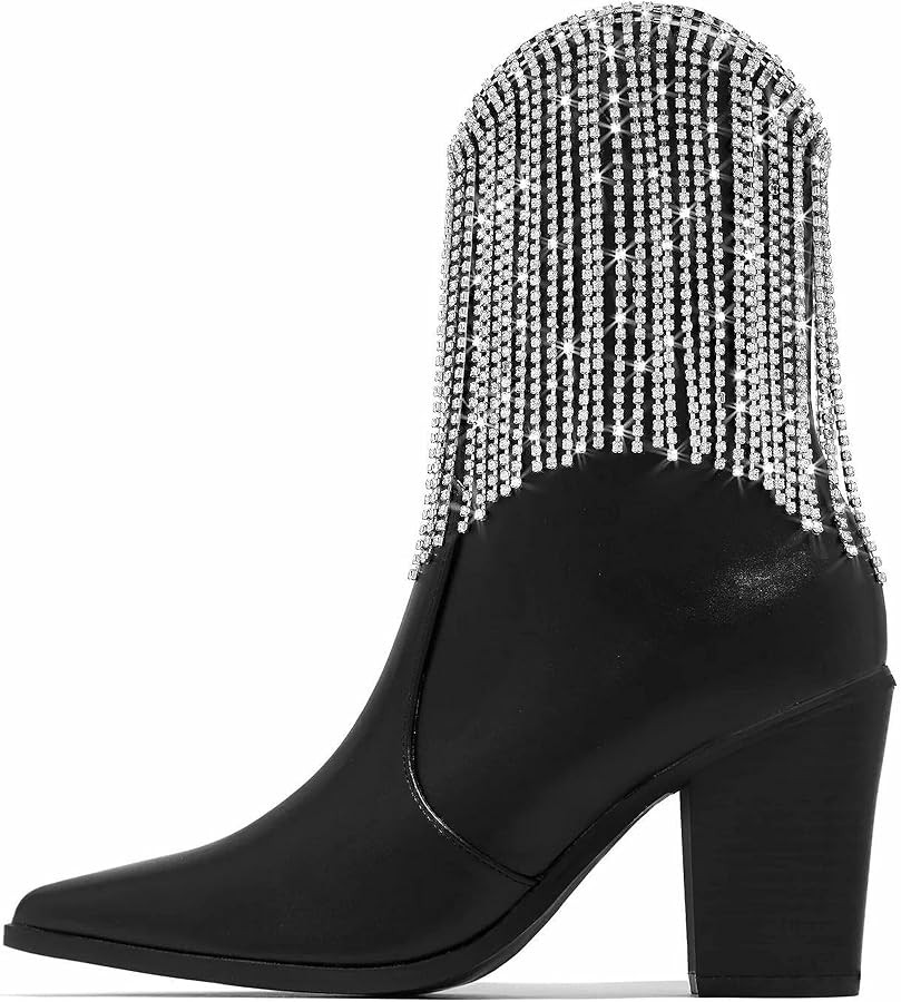 LISHAN Rhinestone Fringed Heel Ankle High Zipper Boots | Amazon (US)