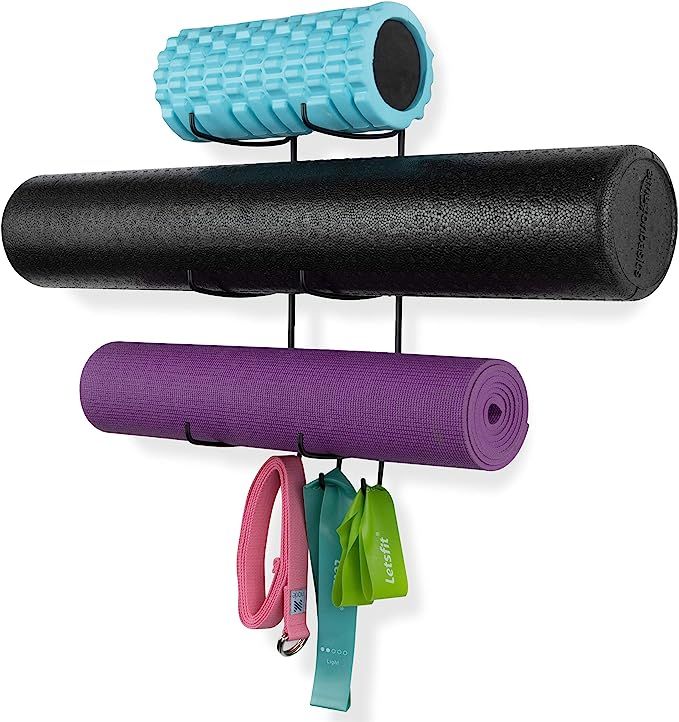 Wallniture Guru Wall Mount Yoga Mat Foam Roller and Towel Rack with 3 Hooks for Hanging Yoga Stra... | Amazon (US)