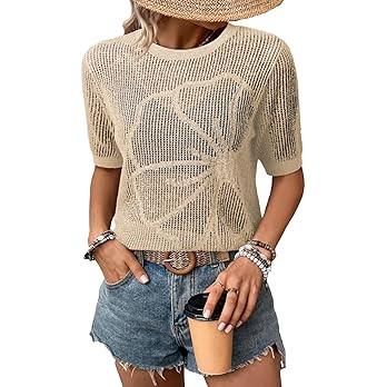 Dokotoo Womens Summer Short Sleeve Crochet Tops Hollow Out Floral Beach Vacation Clothes Cruise O... | Amazon (US)