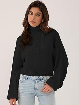 ZAFUL Women's Crew Neck Long Sleeve Pullover Crop Sweater Mock Neck Lantern Sleeve Ribbed Knit Cr... | Amazon (US)