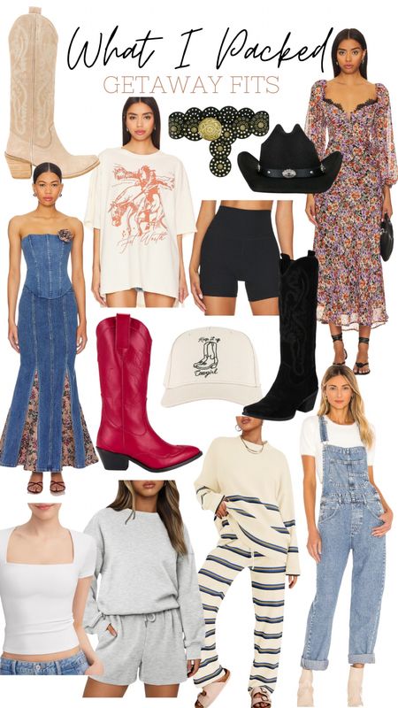 Everything I’m taking with on a little weekend getaway. All the western chic vibes. Denim skirt and corset top, cowboy boots, overalls, the prettiest floral maxi dress, graphic tee, cowboy hat, chunky belt and more. Also linking a few Amazon lounge sets I love! 

#LTKfindsunder100 #LTKfindsunder50 #LTKshoecrush