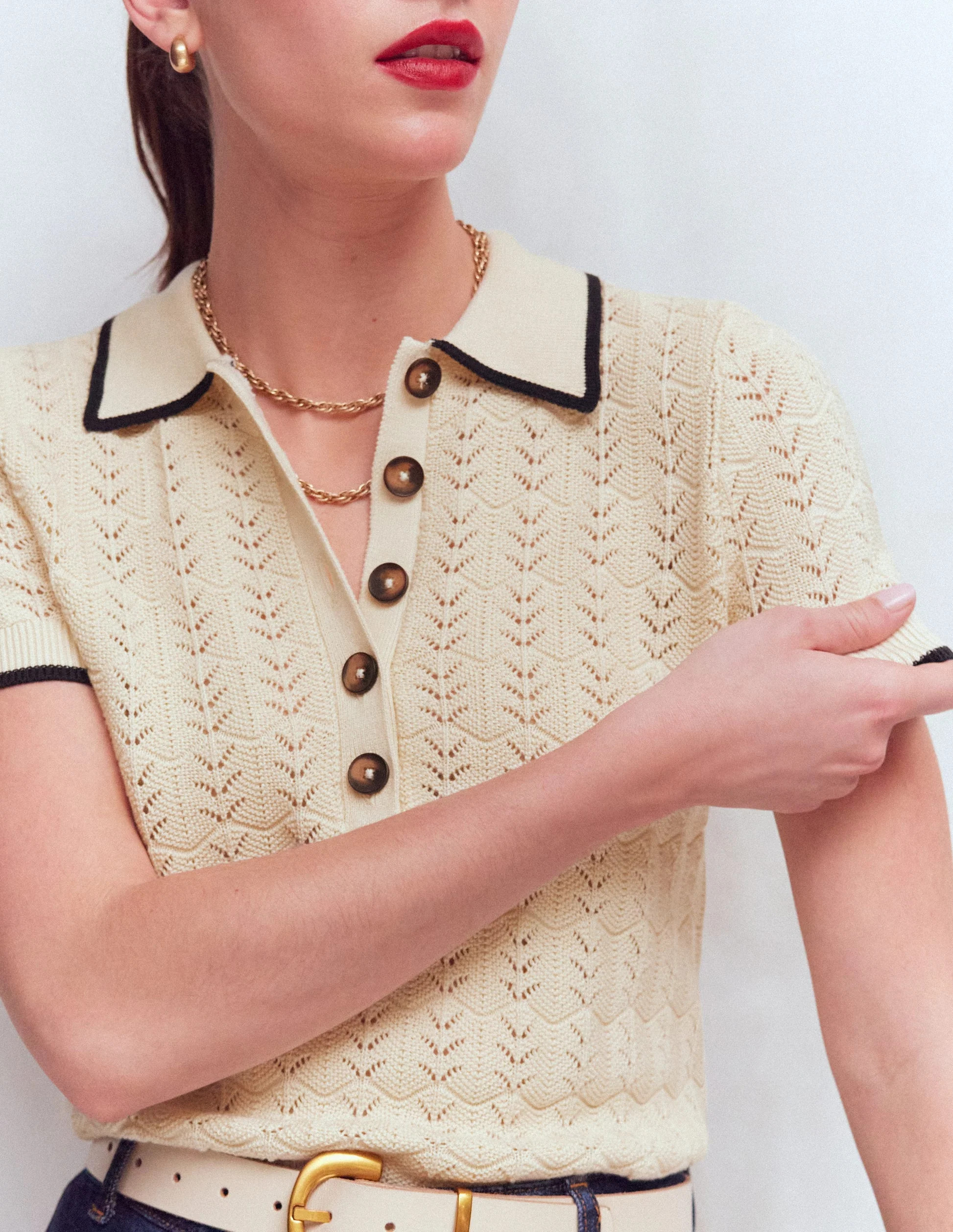 T-shirt \u00e0 col tunisien en pointelle-Cendres chaudes | Boden FR