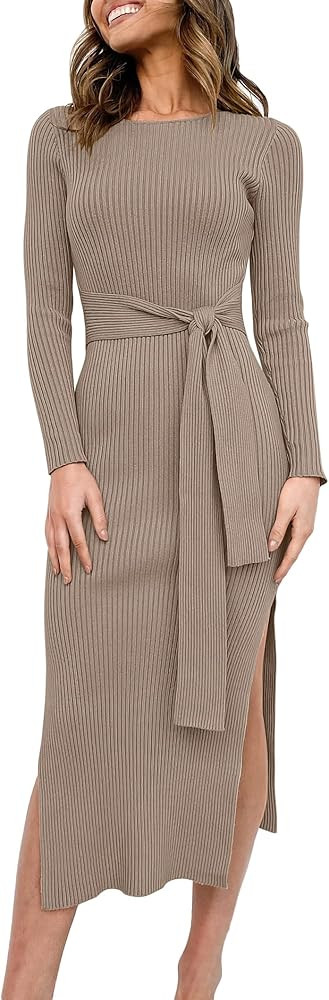 Caracilia Women's Crew Neck Long Sleeve Midi Sweater Dress Elegant Side Slit Bodycon Dress with B... | Amazon (US)