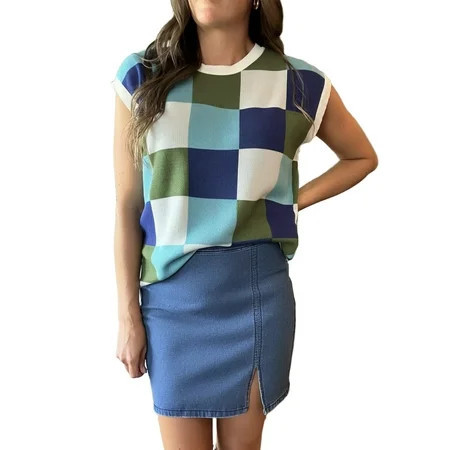 Weardear Womens Cap Sleeve Crop Tops Color Block Going Out Crew Neck Knit Trendy Casual Sweater | Walmart (US)