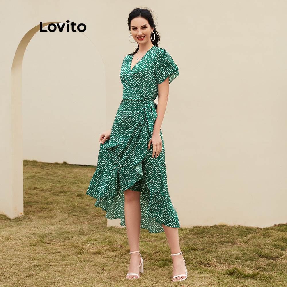 Lovito Boho Vestido de Bolinha Com Fenda e Decote V Profundo com Renda L12014 (Verde/Preto) | Shopee (BR)