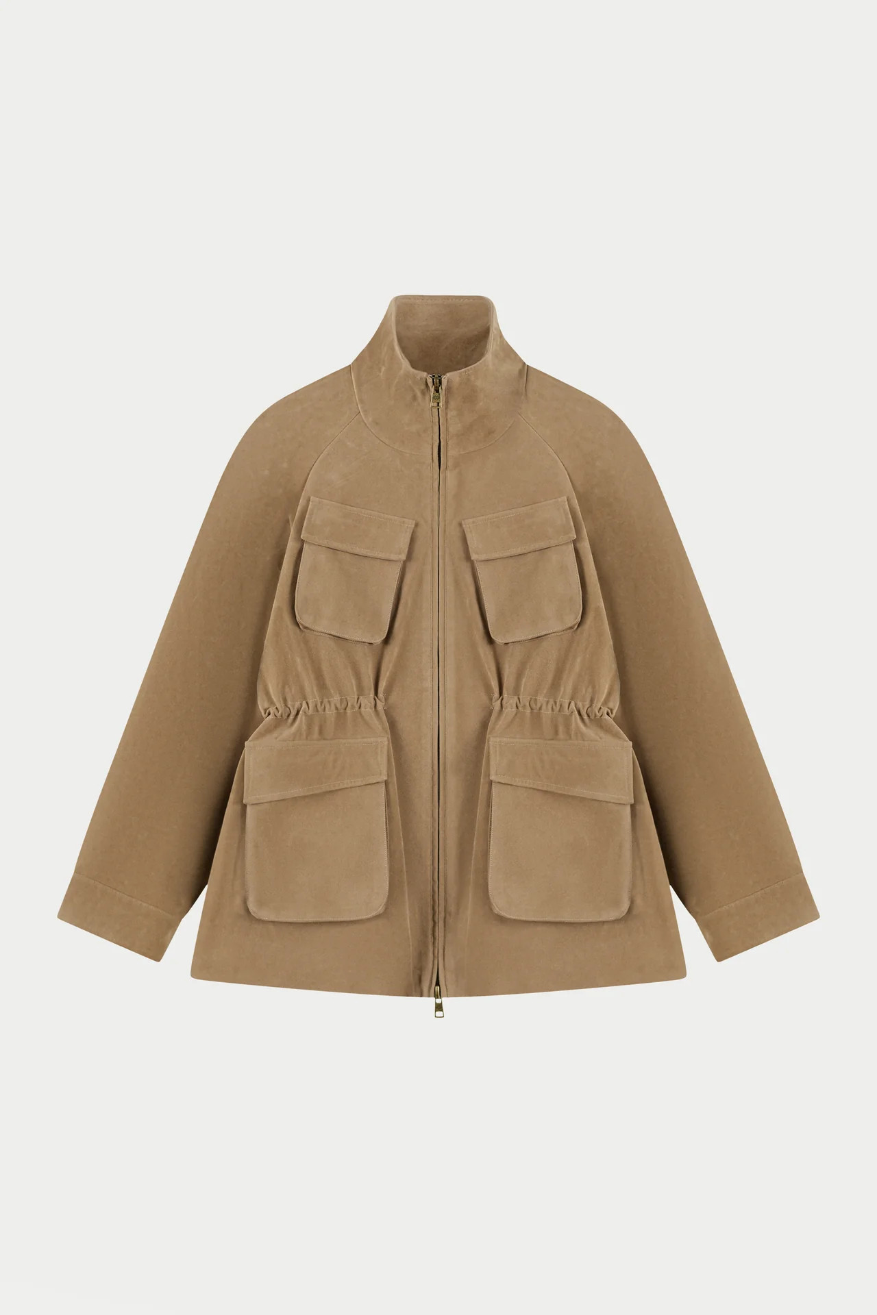 FAUX SUEDE BELLOW POCKET RUCHED WAIST JACKET - BEIGE | The Couture Club