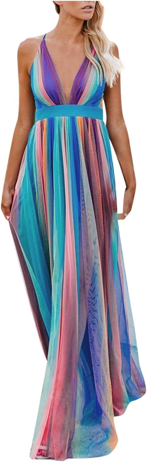 Women's Rainbow Tulle Cami Maxi Dress Deep V-Neck Cross Back High Waist A-Line Dresses Sexy Backl... | Amazon (US)