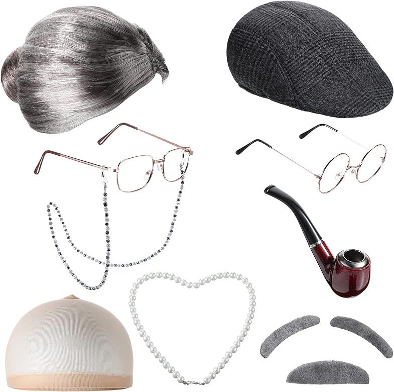 9 Pieces Old Lady Costume Set, Granny Grandma Wig for Women Glasses Chain Faux Pearl Bead Necklac... | Amazon (US)